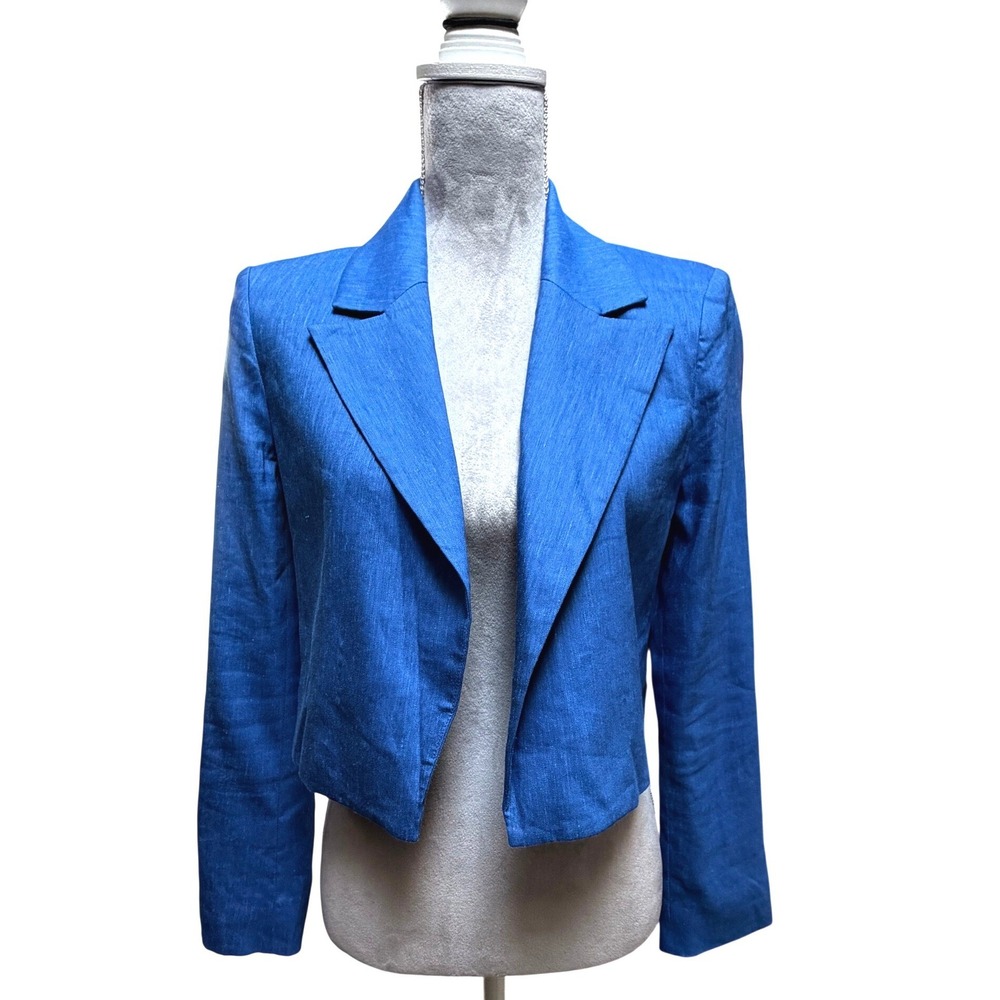 Alice + Olivia Denny Open-Front Cropped Blazer Blue Linen Blend Gold Buttons